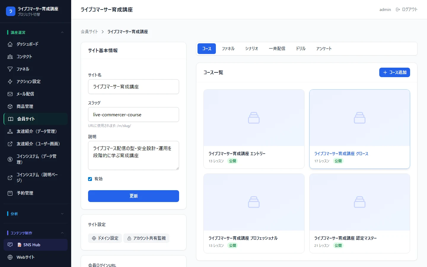 会員サイトとコースの管理画面